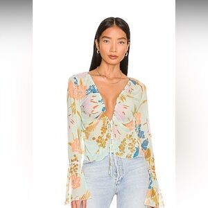 Free People of Paradise Mint Combo Floral Flared Top